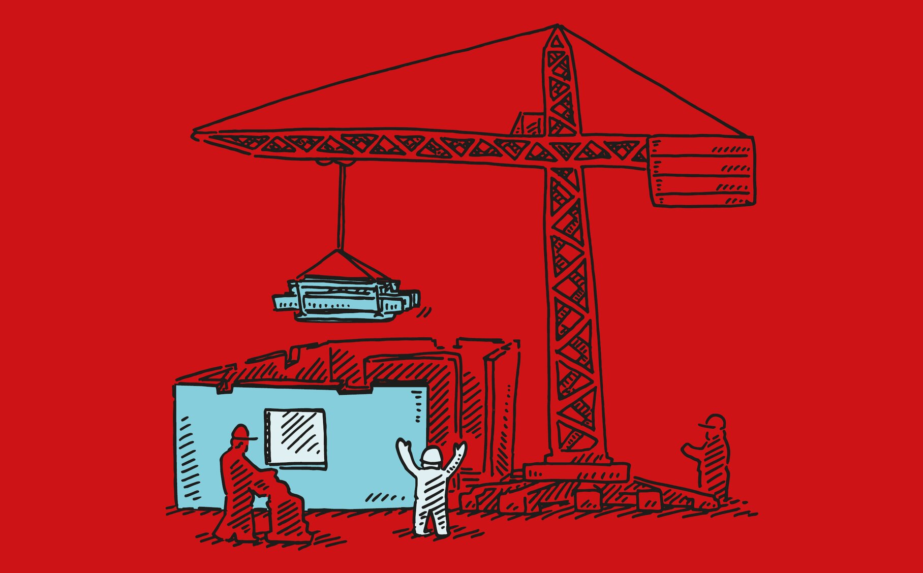 Illustration einer Baustelle mit mehreren Menschen und einem Baukran