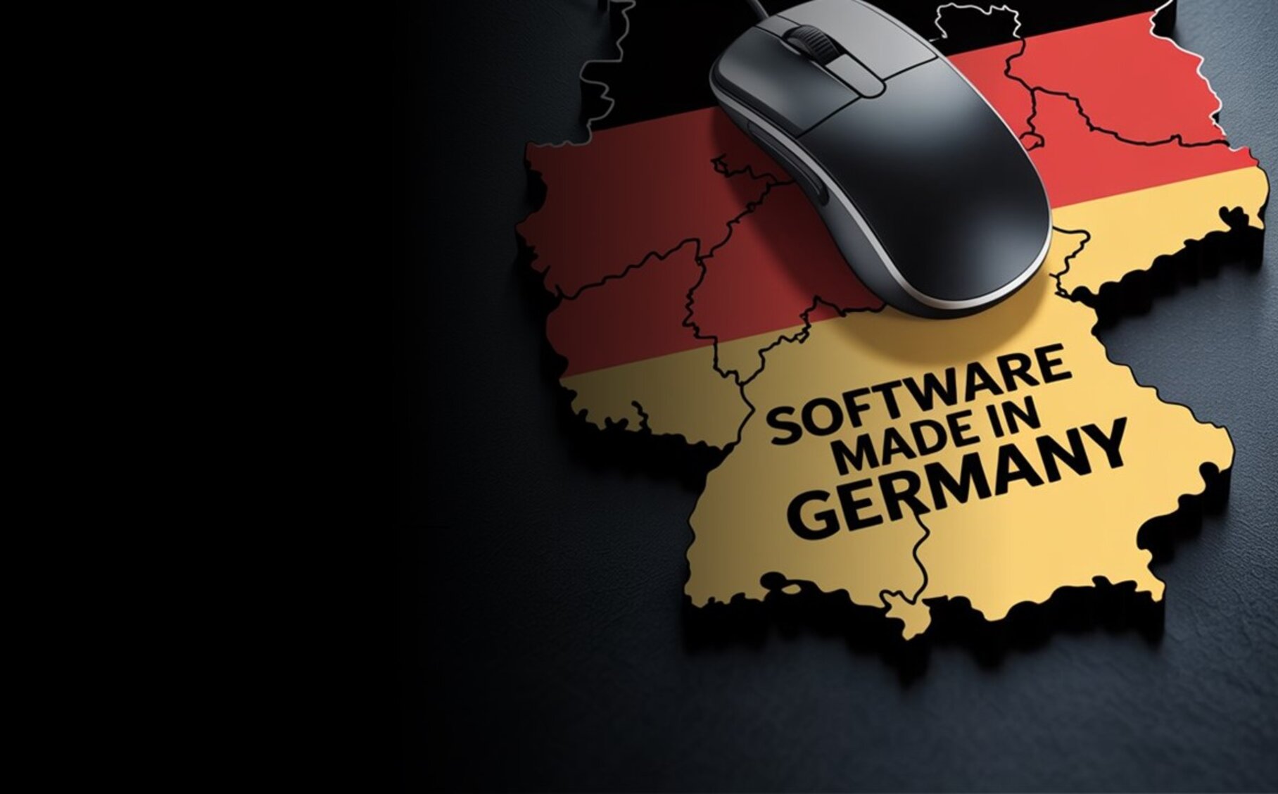 schwarz-rot-goldene Deutschlandkarte mit einer Computermaus und Aufschrift "Software made in Germany"