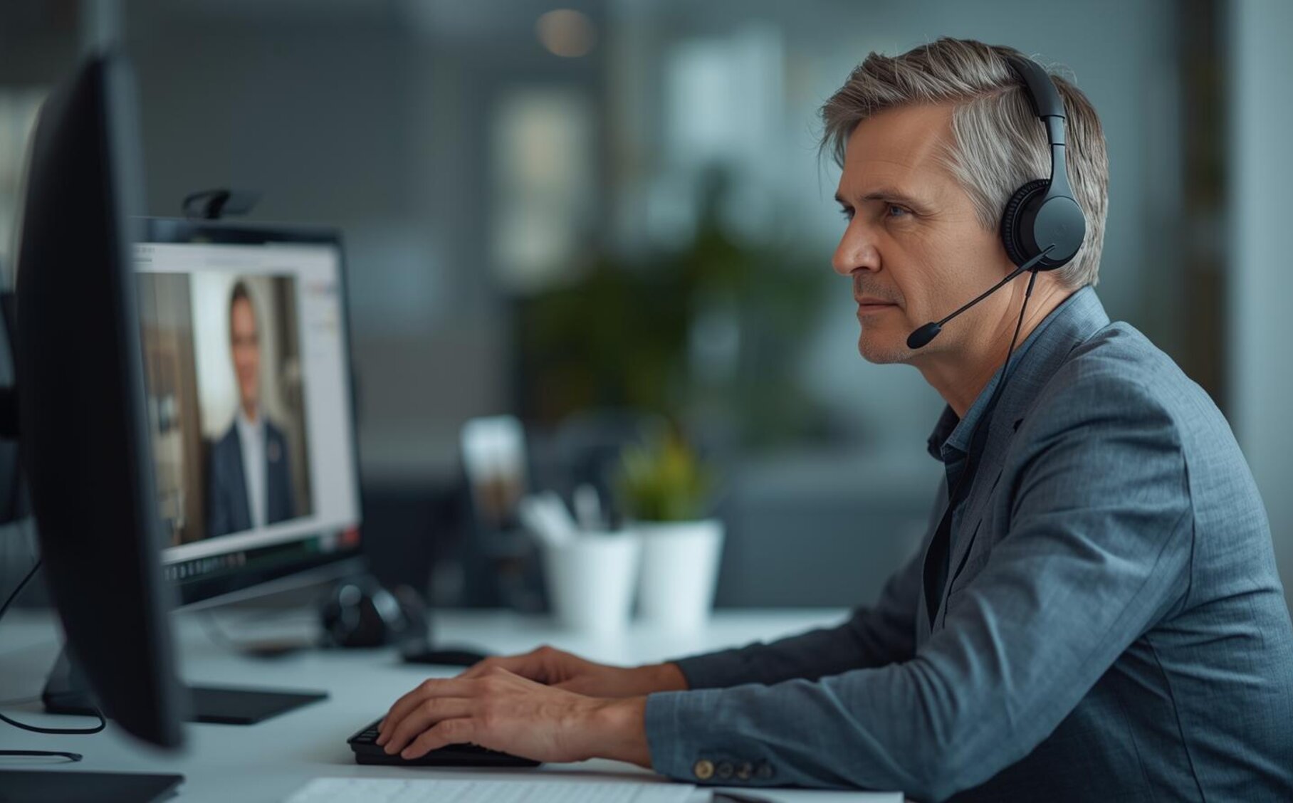 Verwaltungsmitarbeiter schaut sich ein Webinar auf seinem Monitor an