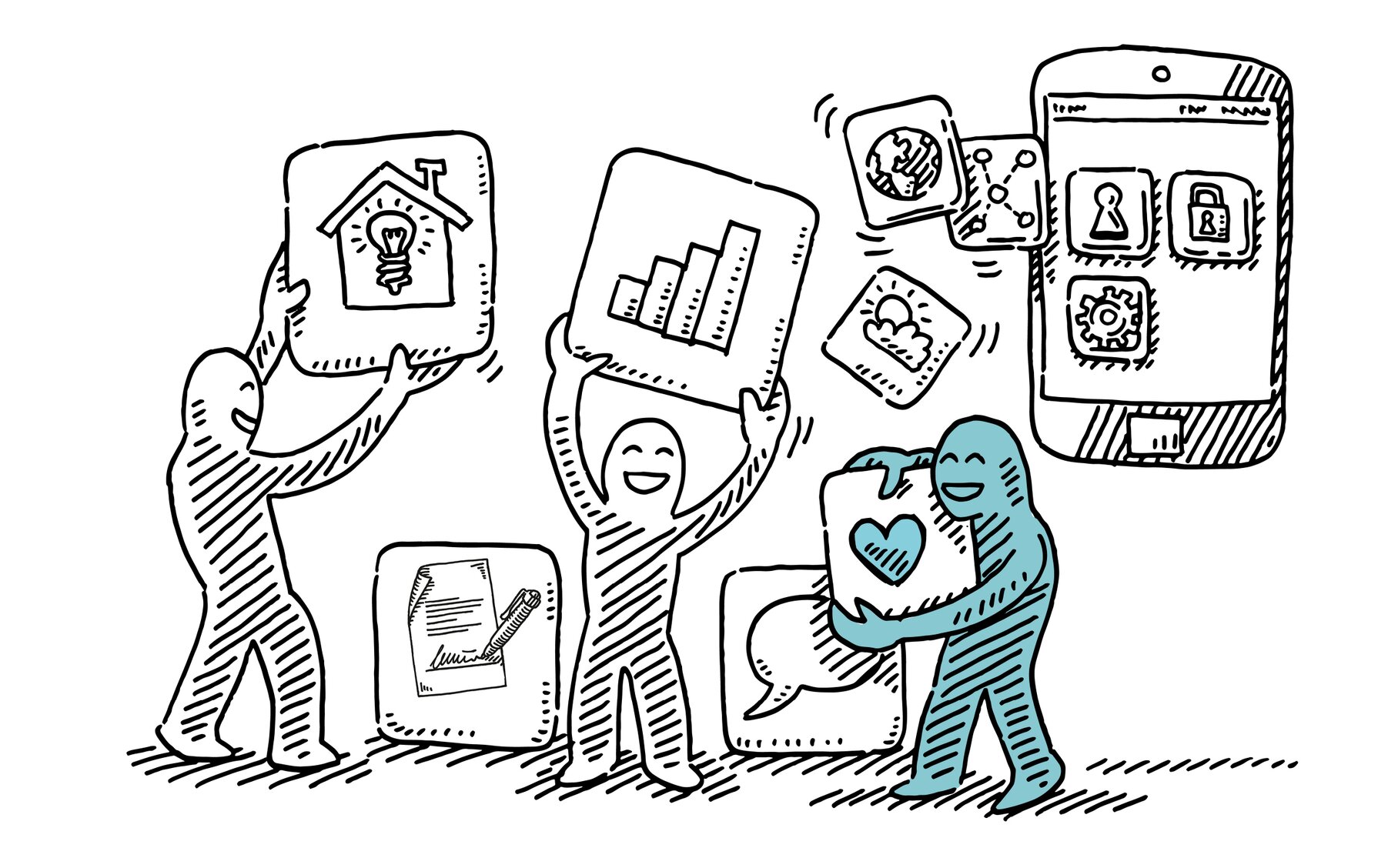 Illustration von drei Personen mit Grafiken und Emojis