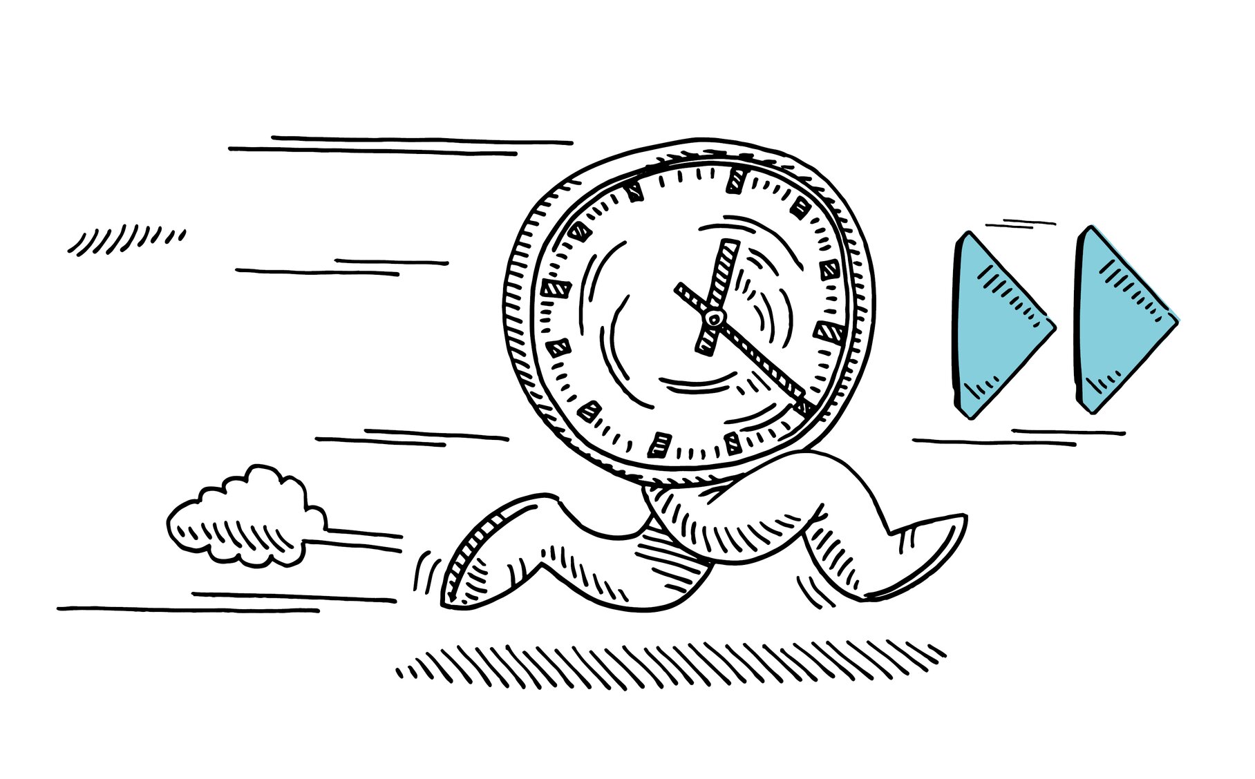 Die Illustration zeigt zeigt eine Uhr mit Beinen, die nach rechts laufen.