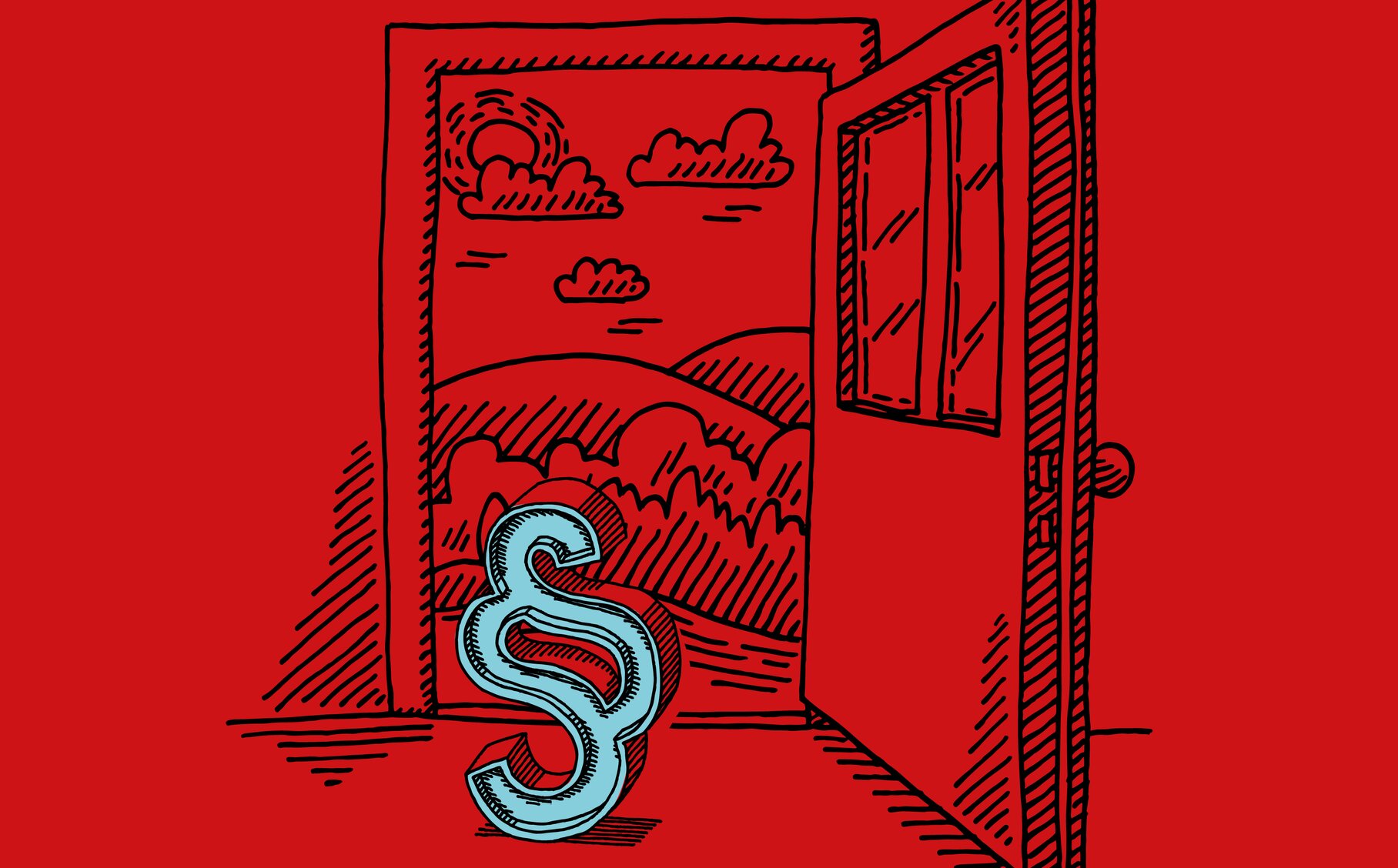 Illustration: Tür zum sonnigen Garten. Davor ein Paragrafen-Zeichen